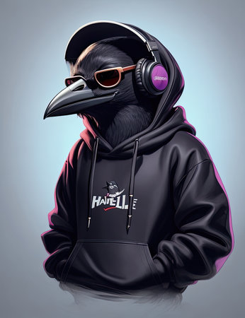 Cool black crow in a hoodie and headphones listening to music.の素材