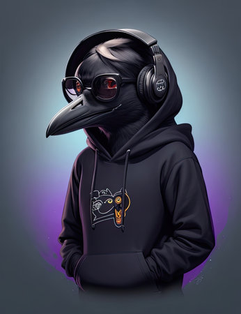 Crow wearing headphones and hoodie. 3D rendering on dark backgroundの素材