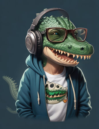 3D Illustration of a crocodile wearing headphones and listening to musicの素材