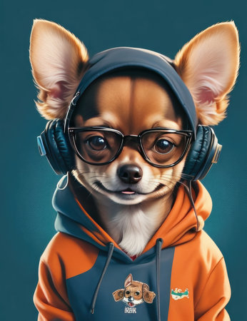 Portrait of a cute chihuahua dog wearing headphones.の素材