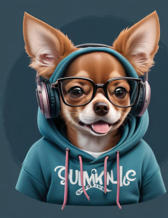 Cute chihuahua dog wearing headphones and listening to musicの素材