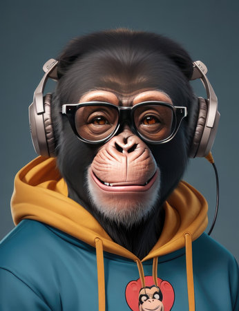 Chimpanzee with headphones listening to music. 3d illustration.の素材