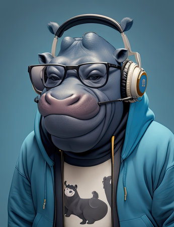 Cool hippo listening to music with headphones. 3D illustration.の素材