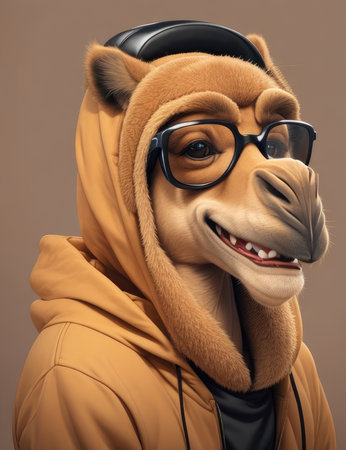 Portrait of a smiling camel wearing a warm jacket and headphones.の素材