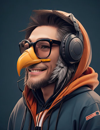 Portrait of a handsome young man in headphones listening to music.の素材
