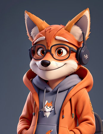 Portrait of a fox dressed in a coat and glasses with headphonesの素材