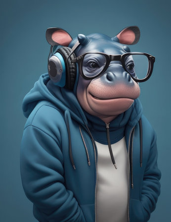 Hippo wearing a blue jacket and headphones. 3d renderingの素材