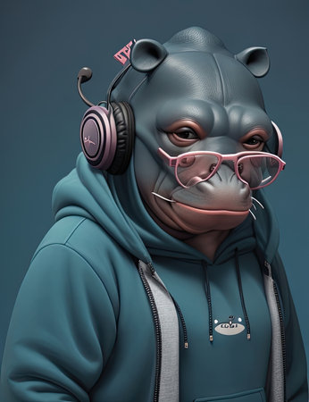 Hippopotamus with headphones on his head. 3d illustrationの素材