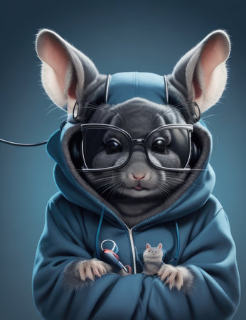 Funny mouse in a blue hoodie with glasses and headphones.の素材