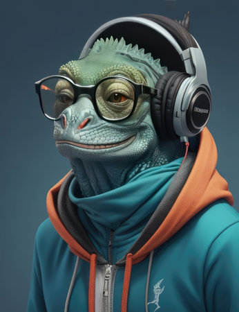 3D render of a green iguana with headphones and glasses.の素材