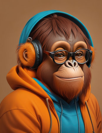 3d illustration of a funny orangutan listening to music with headphonesの素材