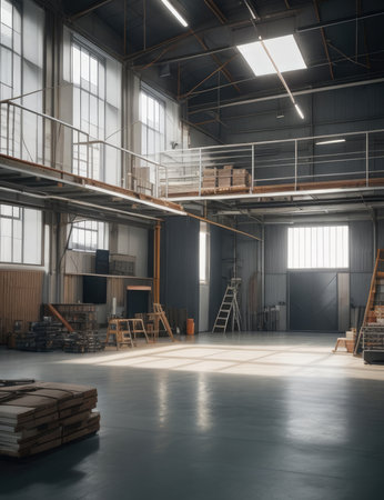 Interior of industrial warehouse. 3d rendering toned image.の素材