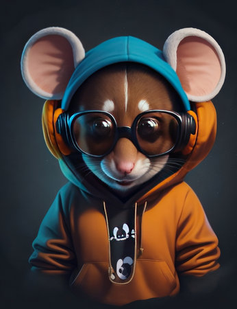 Funny little mouse with headphones and glasses on a dark background.の素材