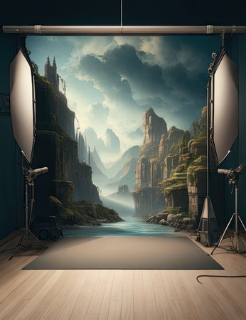 Fantasy landscape with mountains, river and fog in a photo studioの素材