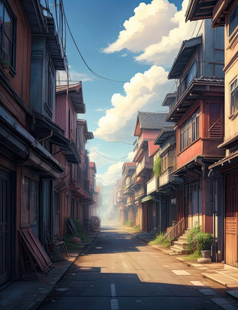 Narrow street in old town of Kyoto, Japan. Digital paintingの素材