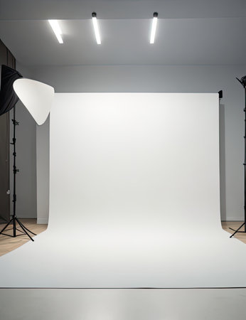 Interior of modern photo studio with empty white canvas and lighting equipmentの素材