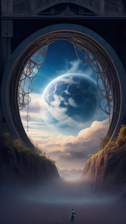 Fantasy landscape with a man on the background of the moon.の素材