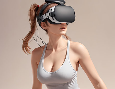 Beautiful young woman wearing virtual reality goggles. 3d rendering.の素材