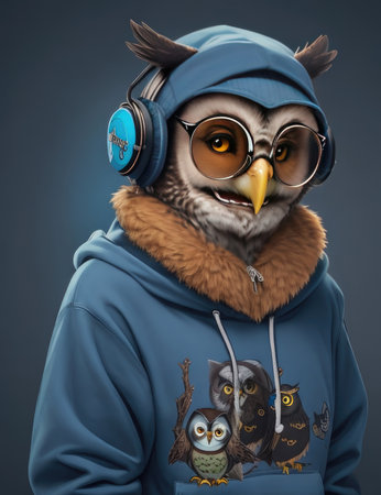 Owl in a blue hoodie with headphones and glasses listening to music.の素材