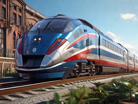 Modern high-speed passenger train in the city. 3D renderingの素材