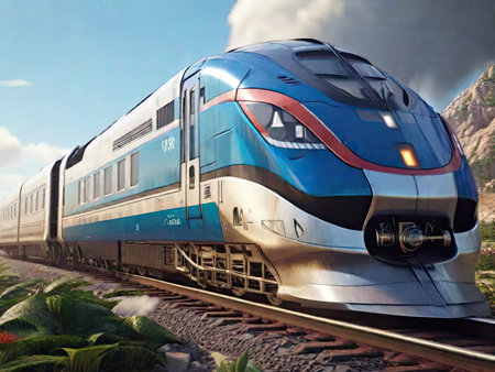 High-speed train on the rails in the mountains. 3D renderingの素材