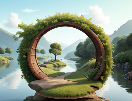 3d render of a circular bridge over the river in the parkの素材