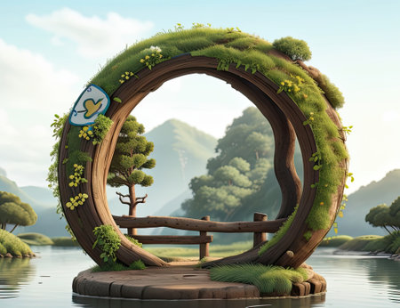 3d render of a fantasy landscape with a bench and a treeの素材