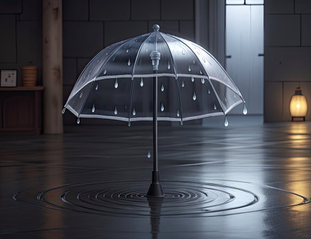 3d rendering of an umbrella on a floor in a dark roomの素材