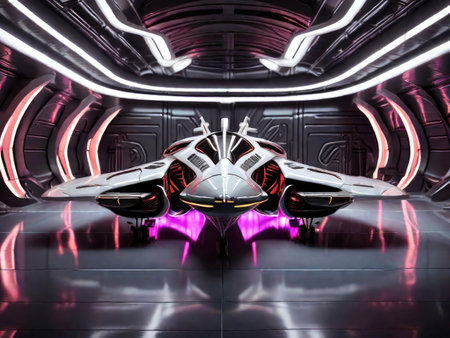 3D rendering of a futuristic spaceship in a dark room with neon lightsの素材