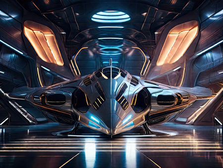Futuristic spaceship interior with glowing lights. 3D Renderingの素材