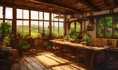 Interior of a rustic country house, 3D rendering.の素材