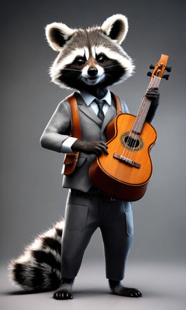 Raccoon in a suit with a guitar on a gray background.の素材