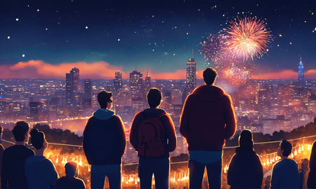 Group of people watching fireworks in the night city. 3d renderingの素材
