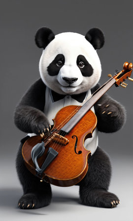 3d illustration of panda playing the violin on gray background.の素材