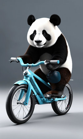A giant panda rides a bicycle on a gray background. 3d rendering.の素材