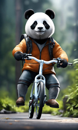 Panda riding a bicycle in the forest. 3D rendering.の素材