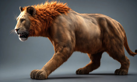3d rendering of a big male lion on a gray background.の素材