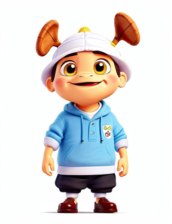 3d Render of Little Boy with hat and blue jacket on white backgroundの素材
