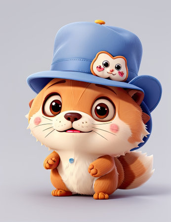 Cute cartoon cat in a blue hat on a gray background.の素材