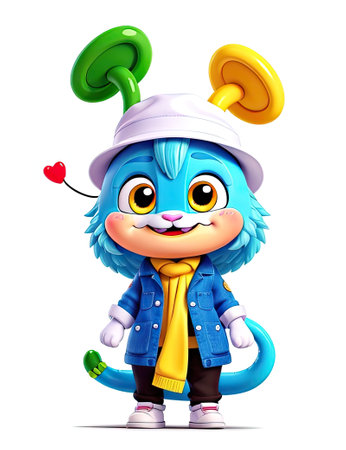 Vector Illustration of Cute Cartoon Blue Monster with cap and hatの素材