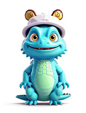 3d rendered illustration of a blue crocodile cartoon character with hatの素材