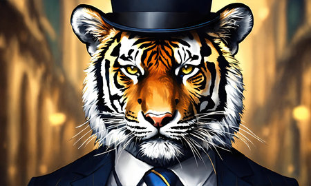Portrait of a tiger dressed in a suit, tie and hatの素材