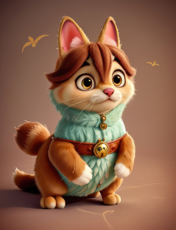 Cute cartoon cat with a collar sitting on a brown background.の素材