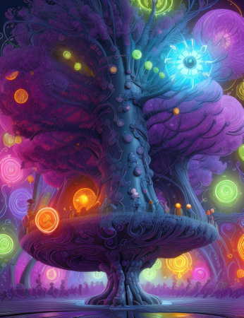 Fantasy fantasy tree in a surreal landscape. 3D illustration.の素材
