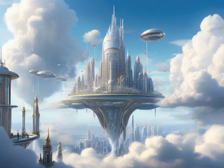 Futuristic city in the clouds. 3D rendered Illustration.の素材