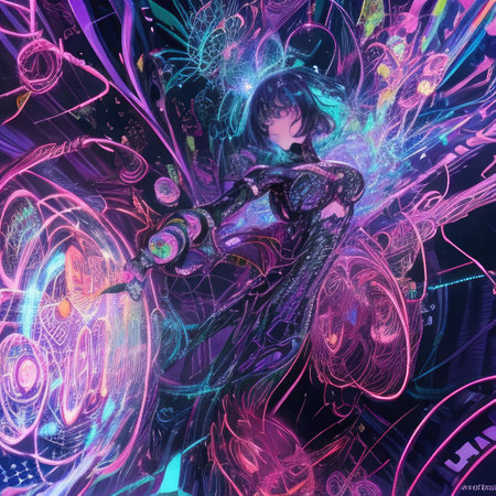 3D illustration of a female cyborg with a futuristic background.の素材