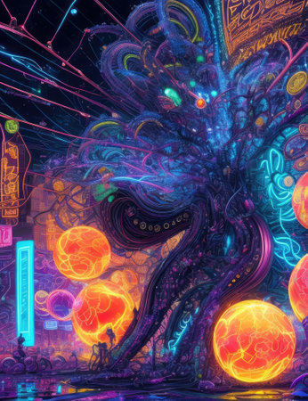 Illustration of an abstract tree in the night city with neon lightsの素材