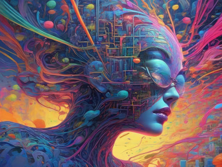 Digital Illustration of a Woman's Face Surrounded by Colorful Abstractionsの素材