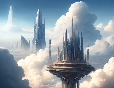 Futuristic city in the clouds. 3d rendering toned imageの素材