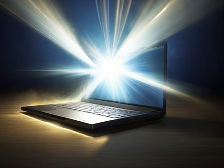 Laptop on a dark background with rays of light coming out of the screenの素材